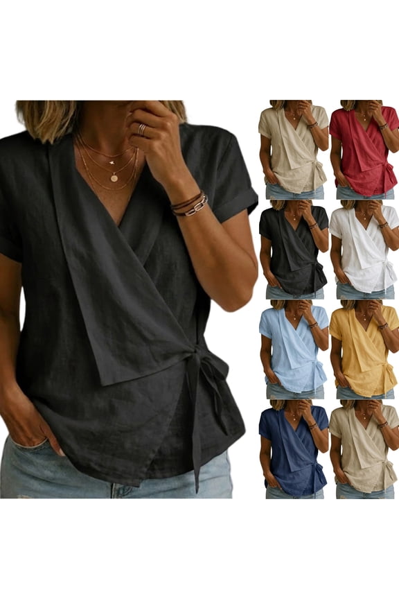Womens Cotton Linen Tops V Neck Wrap Side Knot Shirt Tie Waist Shirts Short Sleeve Summer Casual Tunic Blouse (XL,Black)