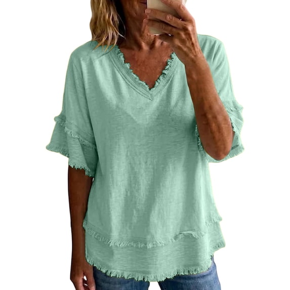 Womens Cotton Linen Tops,short Sleeve V Neck Relaxed Fit Clothes Summer Basic Blouse 2026 Summer Spring Casual Shirt Loose V Neck Blouse Fashion Clothing Outfits,Green,S