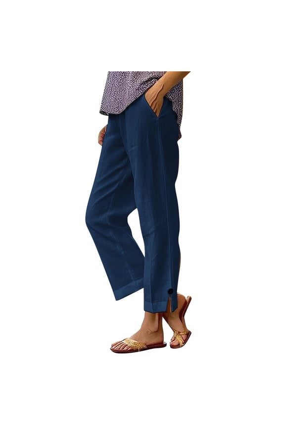 Womens Cotton Linen Trousers Lightweight Summer Pants with Pockets Straight Leg Lightweight Breathable Cropped Pants Casual Comfy Holiday Beach Palazzo Trousers Plus Size