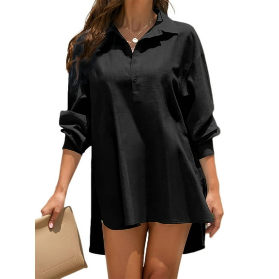 Womens Cotton Linen Tunic Shirts Button Down Long Sleeve Blouse Tops Beach Cover Up