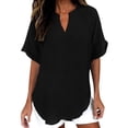 thumbnail image 1 of Womens Cotton Linen Tunic Tops Half Sleeve V Neck Pullover Tshirts Elbow Length Sleeve Blouses Dressy Casual Summer Trendy Loose Fit Boho Gauze Shirts Plus Size Flowy Outfits Black L, 1 of 6
