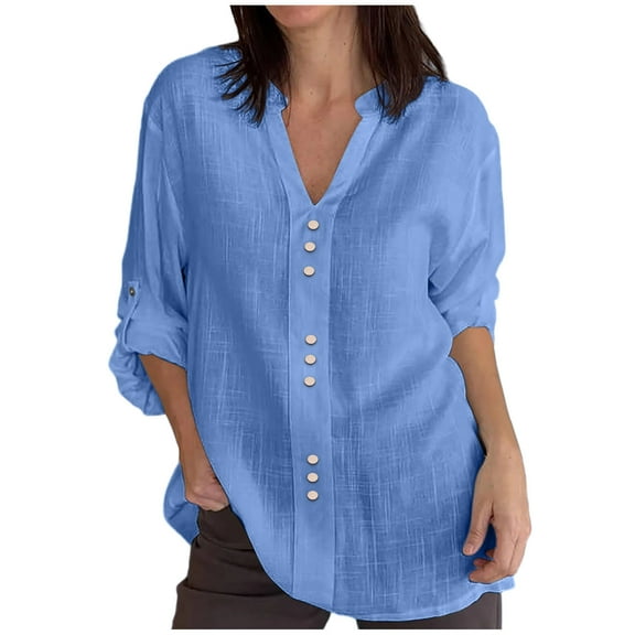 Womens Cotton Linen Tunic Tops, Long Sleeve Shirts for Women Summer Casual Solid Color Notch V Neck Dressy Blouses with Buttons