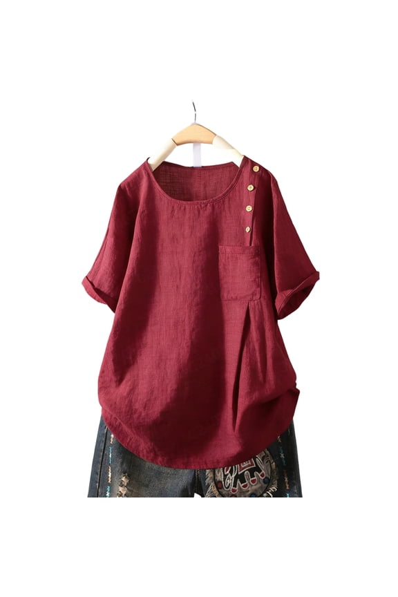 Womens Cotton Linen Tunic Tops Loose Summer Clothes Side Button Pocket Crewneck Short Sleeve Casual T-shirts (M, Wine)