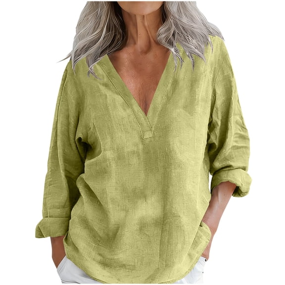 Womens Cotton Linen V Neck Long Sleeve Blouses Spring Summer Solid Color Lightweight Dressy Casual Loose Shirts Tops