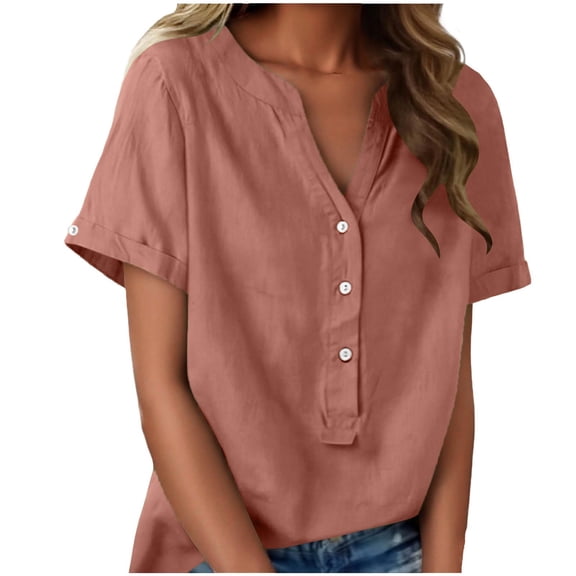 Womens Cotton Linen V Neck Tank Tops Summer Short Sleeve Button Beach Shirts Lightweight Loose Fashion Vacation Blouse Tops