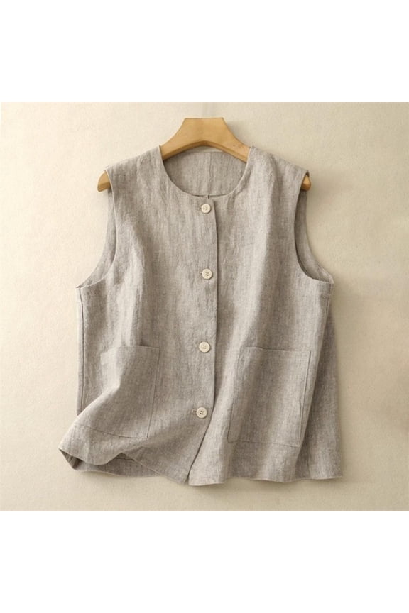Womens Cotton Linen Vest Casual Loose Crew Neck Sleeveless Vests with Pockets 2026 Spring And Summer Solid Color Fashion Button Down Jacket Beige L