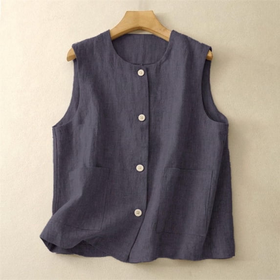 Womens Cotton Linen Vest Casual Loose Crew Neck Sleeveless Vests with Pockets 2026 Spring And Summer Solid Color Fashion Button Down Jacket Grey XXL