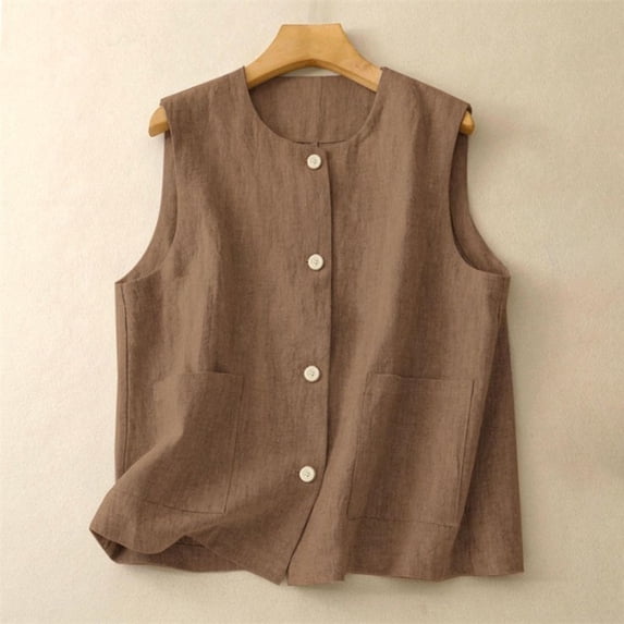 Womens Cotton Linen Vest Casual Loose Crew Neck Sleeveless Vests with Pockets 2026 Spring And Summer Solid Color Fashion Button Down Jacket Khaki M