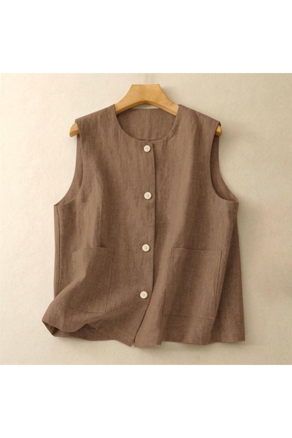Womens Cotton Linen Vest Casual Loose Crew Neck Sleeveless Vests with Pockets 2026 Spring And Summer Solid Color Fashion Button Down Jacket Khaki XL