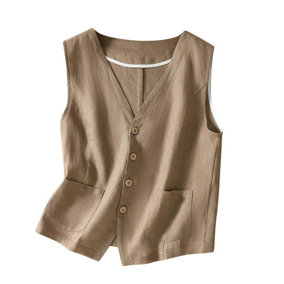 Womens Cotton Linen Vest Casual Loose V Neck Sleeveless Vests Jacke