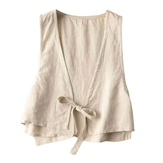 Womens Cotton Linen Vest Casual Loose V Neck Sleeveless Vests Jacke