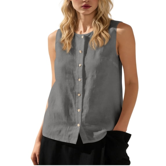 Womens Cotton Linen Vest Sleeveless Button Down Round Neck Tank Tops Solid Color Casual Cardigan Gray