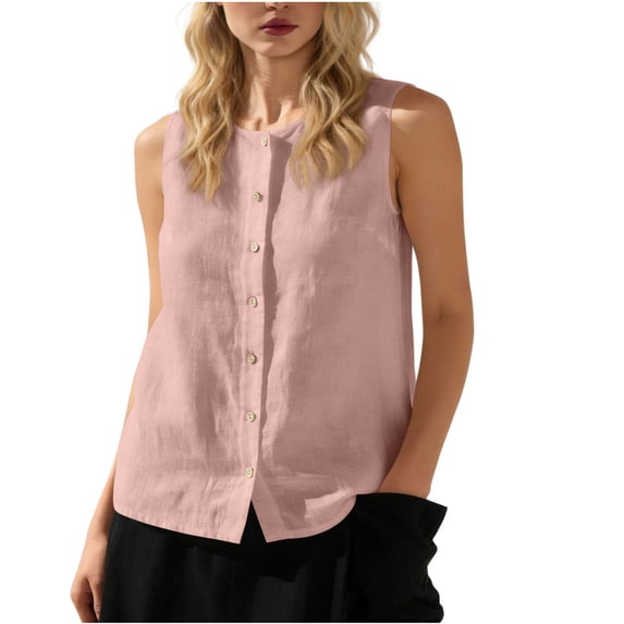 Womens Cotton Linen Vest Sleeveless Button Down Round Neck Tank Tops Solid Color Casual Cardigan Pink