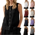 thumbnail image 1 of Womens Cotton Linen Vest Sleeveless Button Down Round Neck Tank Tops Solid Color Casual Cardigan White, 1 of 6