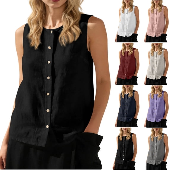Womens Cotton Linen Vest Sleeveless Button Down Round Neck Tank Tops Solid Color Casual Cardigan White