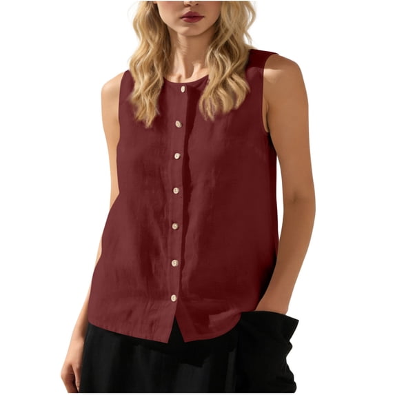 Womens Cotton Linen Vest Sleeveless Button Down Round Neck Tank Tops Solid Color Casual Cardigan Wine