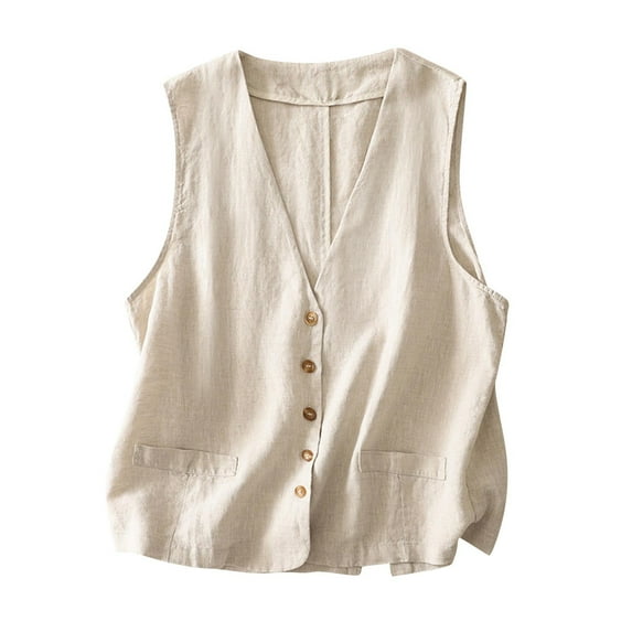 Womens Cotton Linen Vests, Summer Tops for Women Casual Vintage Solid Color Button Down V Neck Tank Tops Coats M-2XL