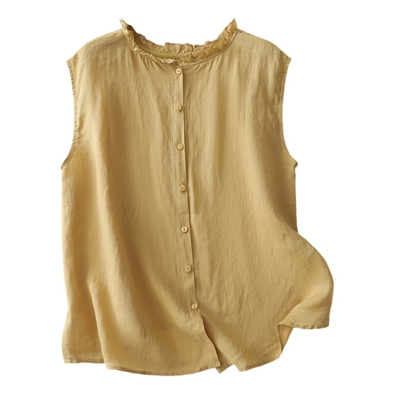 Womens Cotton Linen Vests, Tank Tops for Women Dressy Casual Vintage Solid Color Button Down Sleeveless Tank Shirts M-2XL
