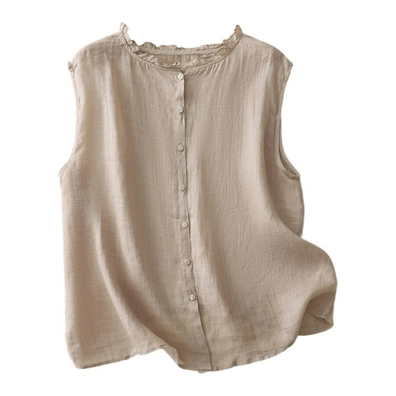 Womens Cotton Linen Waistcoat Button Down Sleeveless Lightweight Vests Casual Solid Color Fashion Ruffled Jackets