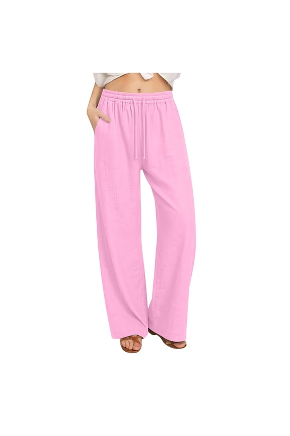 Womens Cotton Linen Wide Leg Pants Baggy Drawstring Elastic Waisted Trousers Summer Casual Beach Pants with Pockets