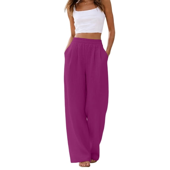 Womens Cotton Linen Wide Leg Pants, Drawstring Elastic Waist Loose Fit Summer Beach Palazzo Trousers Purple M