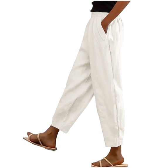 Womens Cotton Linen Wide Leg Pants Elastic Waist Pull On Casual Trousers with Pockets Plain Lightweight High Waisted Pants White