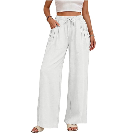 Womens Cotton Linen Wide Leg Pants High Waisted Flowy Palazzo Pant Casual Summer Beach Vacation Outfits with Pockets, L