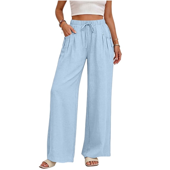 Womens Cotton Linen Wide Leg Pants High Waisted Flowy Palazzo Pant Casual Summer Beach Vacation Outfits with Pockets, L