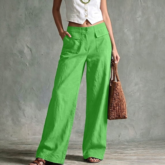 Womens Cotton Linen Wide Leg Pants High Waisted Straight Business Casual Pants Summer Office Work Trousers with Pockets, 2XL