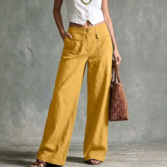 Womens Cotton Linen Wide Leg Pants High Waisted Straight Business Casual Pants Summer Office Work Trousers with Pockets, M