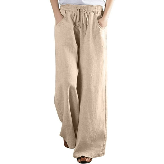 Womens Cotton Linen Wide Leg Pants Loose Fit Casual High Waist Palazzo Pants Baggy Lounge Beach Trousers with Pocket