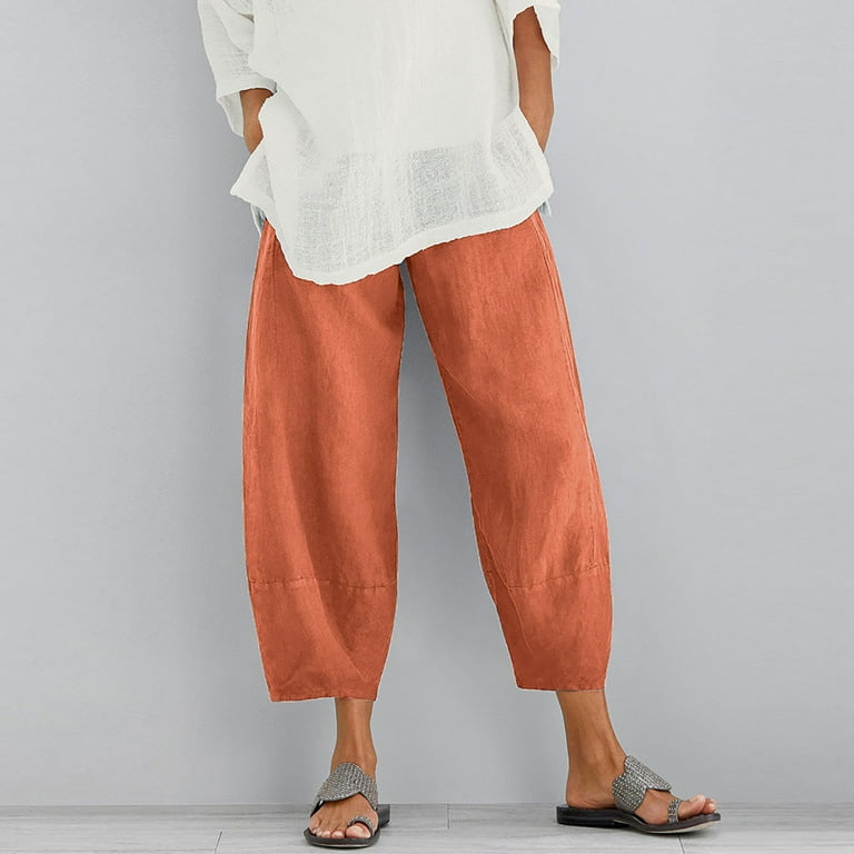 Womens Cotton Linen Wide Leg Pants Solid Color Plus Size Capri Trousers Autumn Lounge Pant with Pockets