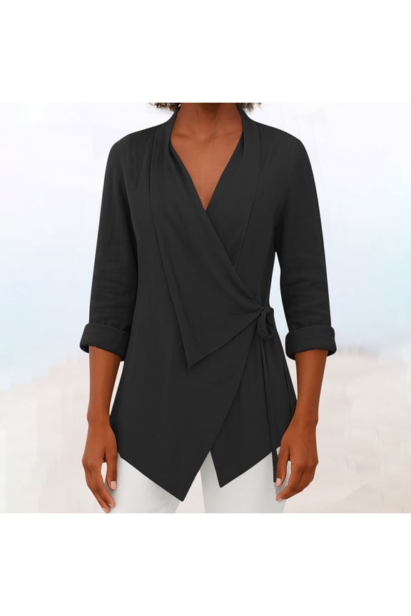 Womens Cotton Linen Wrap Top 3/4 Sleeve V Neck Surplice Blouse Adjustable Tie Side Asymmetrical Hem Business Casual Black,Size 2XL