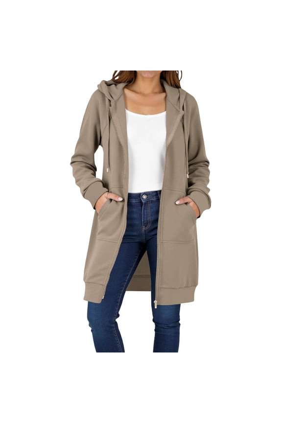Womens Cotton Long Hoodie Jacket with Pockets Comfy Loose Fall Casual Drawstring Hooded Sweatshirt Coat Mid-length (M, Beige)