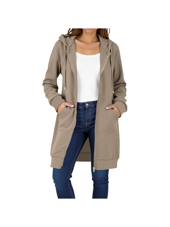 Womens Cotton Long Hoodie Jacket with Pockets Comfy Loose Fall Casual Drawstring Hooded Sweatshirt Coat Mid-length (XL, Beige)