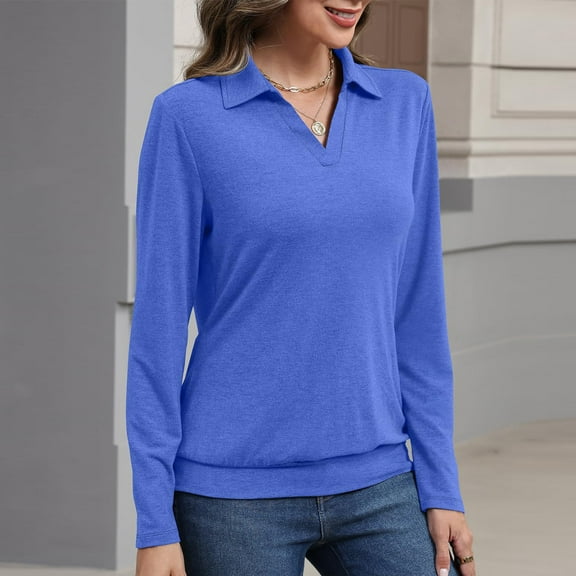 Womens Cotton Long Sleeve Polo Shirts Business Casual V Neck Collared Tops Loose Fit Work Blouses Fall Outfits 2025 Blue M