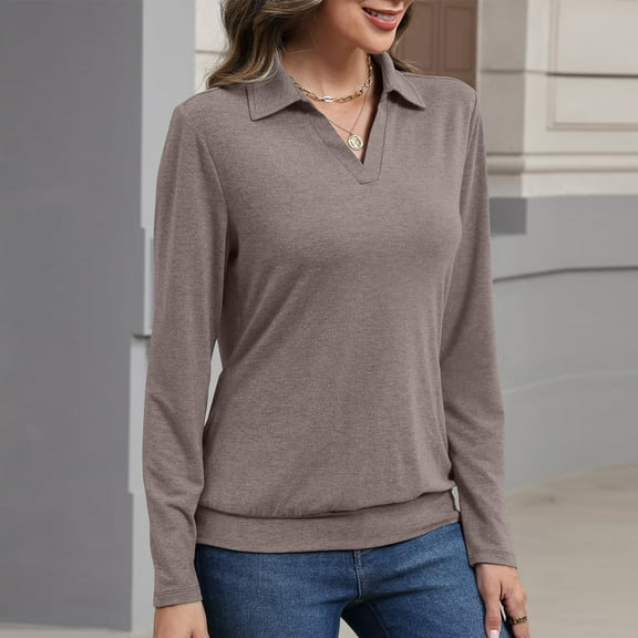 Womens Cotton Long Sleeve Polo Shirts Business Casual V Neck Collared Tops Loose Fit Work Blouses Fall Outfits 2025 Khaki M