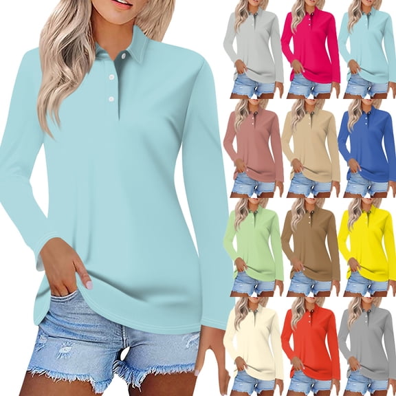Womens Cotton Long Sleeve Polo Shirts V Neck Collared Tops, 2025 Fall Business Casual Loose Fit Work Blouses Sky Blue M