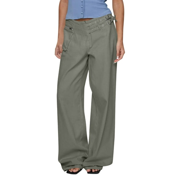 Womens Cotton Low Rise Baggy Pants Fashion Adjustable Waisted Wide Leg Pants Vintage Straight Loose Trousers