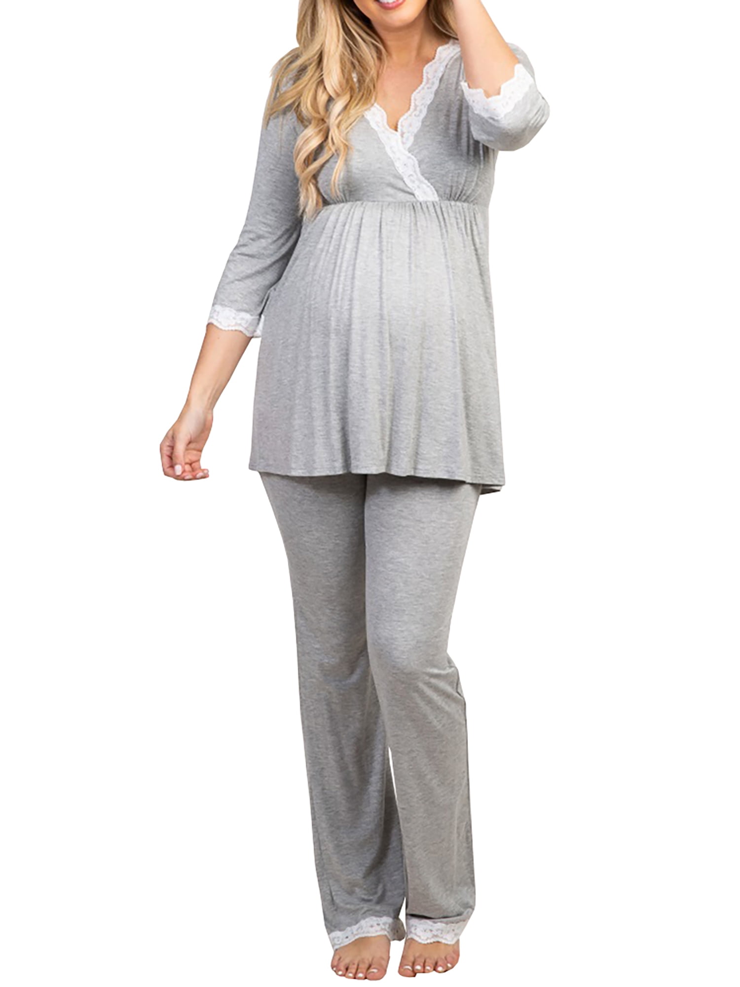 Womens Cotton Maternity Pregnancy Soft Nursing Pajama Sets Sleepwear Long  Sleeves for delivery Breastfeeding in Hospital 
