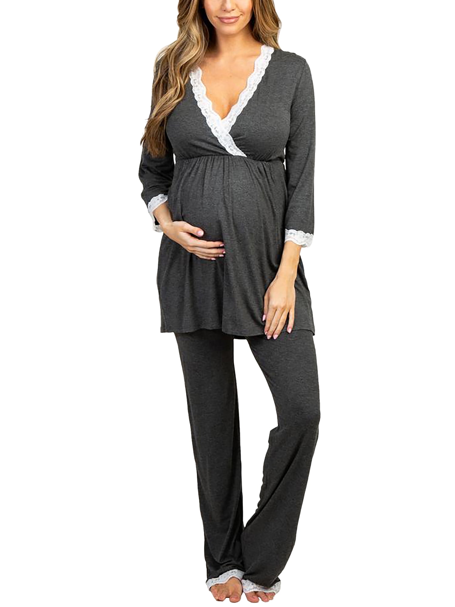 Womens Cotton Maternity Pregnancy Soft Nursing Pajama Sets Sleepwear Long  Sleeves for delivery Breastfeeding in Hospital