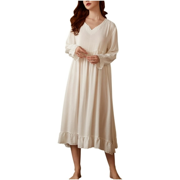 Womens Cotton Nightdress Long Sleeve V Neck Sleepwear Nightgown Ruffled Lounge Maxi Dress Loose Comfy House Dress (S, White)