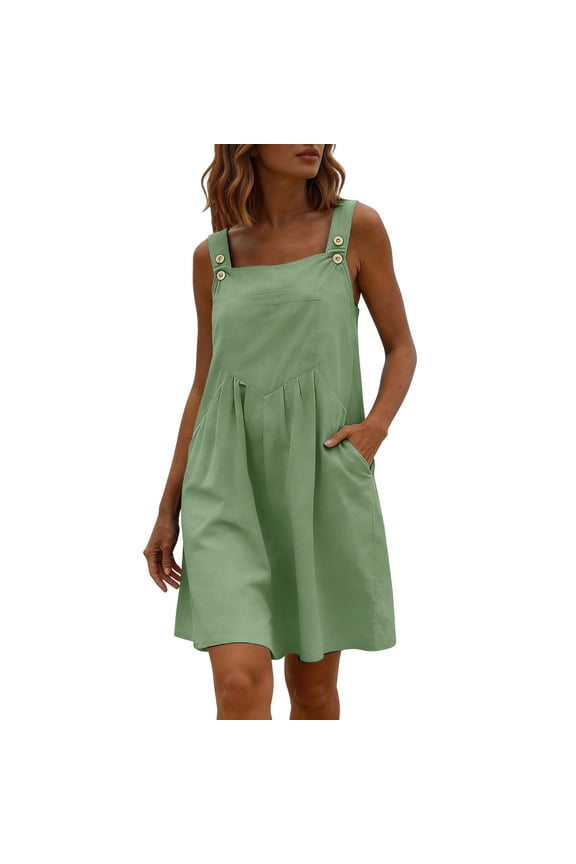 Womens Cotton Overalls Dress Casual Adjustable Straps Pinafore Dress Short Skirt with Pockets Green