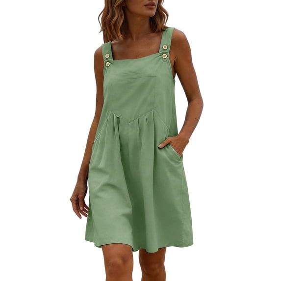 Womens Cotton Overalls Dress Casual Adjustable Straps Pinafore Dress Short Skirt with Pockets Green