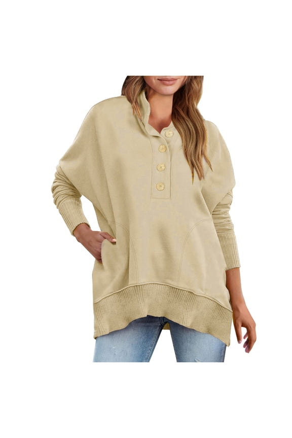 Womens Cotton Oversized Sweatshirts Pullover Button Drop Shoulder Long Sleeve Ribbed Hem Sweater Tops with Pockets (2XL, Beige)