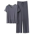 thumbnail image 1 of Womens Cotton Pajama Sets, 2 Pieces PJ Sets with Pockets Soft Knit Short Sleeve Wide Leg Pants Sleepwear Loungewear Outfits (Grey,L), 1 of 7