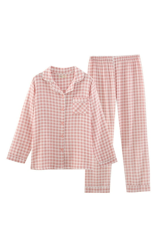Womens Cotton Pajama Sets Long Sleeve Plaid Button Down Shirt with Front Pocket Pants Sleepwear 2 Piece Gingham Pj Set Sleepwear 2 Piece Pants Pjs Set Pink XXL