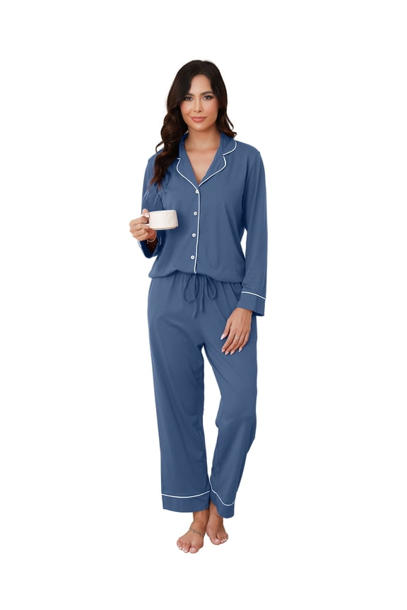 Womens Cotton Pajama Sets with Long Sleeves Button Down Pajama Set for Women 2pcs Women Soft Sleepwear Set with Long Pants Womens Casual Loungewear Sets with Pockets, S-XXL