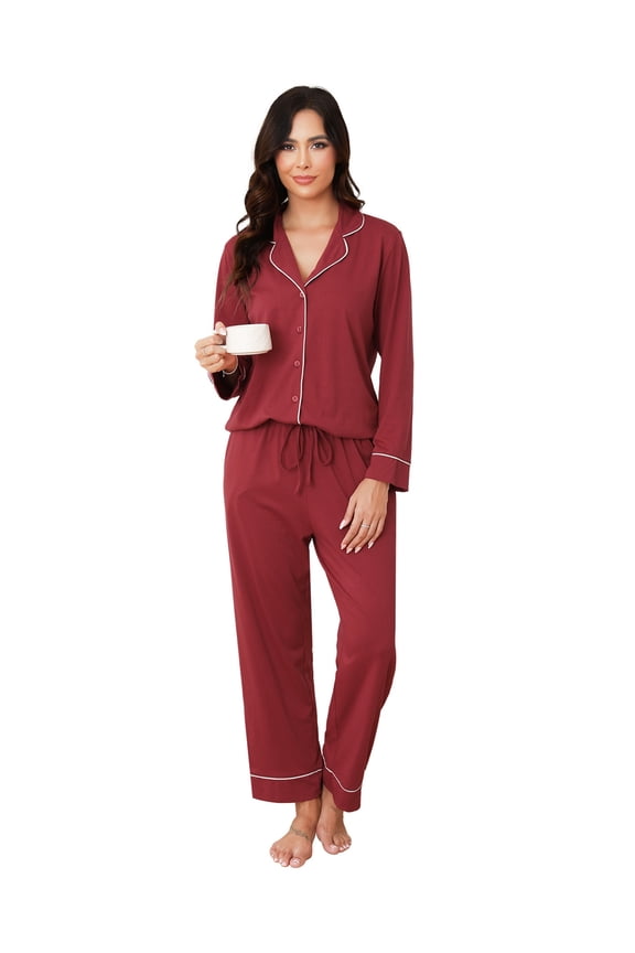 Womens Cotton Pajama Sets with Long Sleeves Button Down Pajama Set for Women 2pcs Women Soft Sleepwear Set with Long Pants Womens Casual Loungewear Sets with Pockets, S-XXL