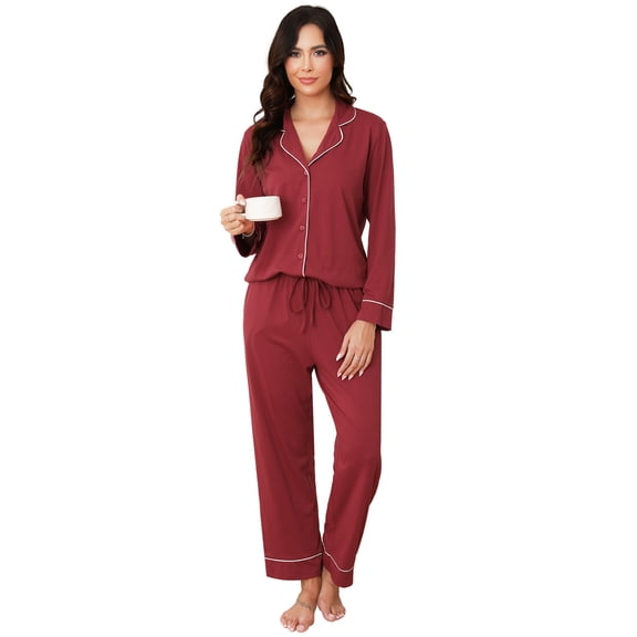 Womens Cotton Pajama Sets with Long Sleeves Button Down Pajama Set for Women 2pcs Women Soft Sleepwear Set with Long Pants Womens Casual Loungewear Sets with Pockets, S-XXL